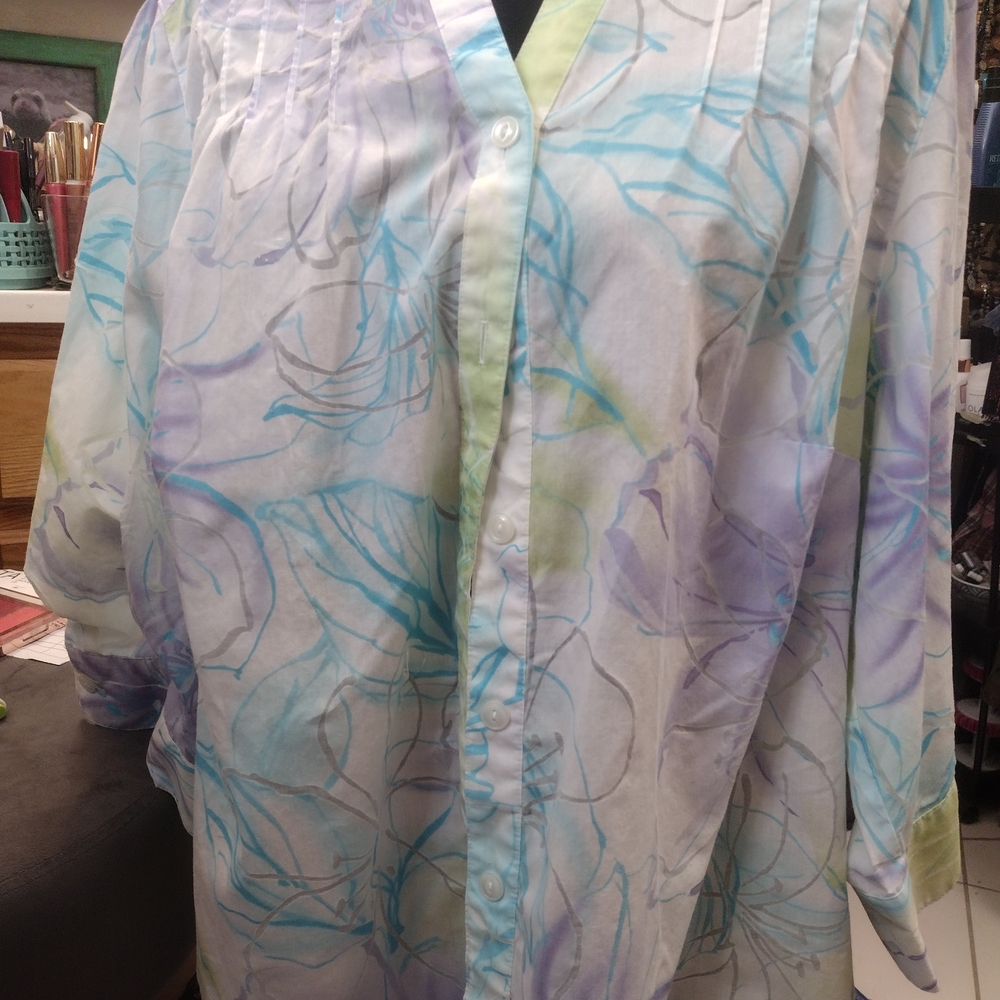 ALFRED DUNNER Floral Pastel Button-Up Blouse/SZ 18W/Pleated Abstract Floral/Pics